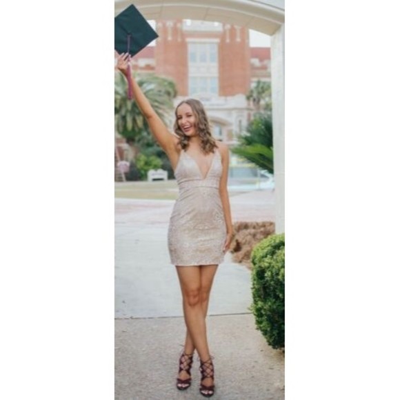 Hello Molly Fig Tree Bodycon Cocktail Mini dress Champagne Gold M - worn once - Picture 7 of 16